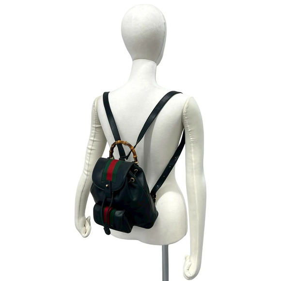 GUCCI Vintage Black Leather Bamboo Backpack